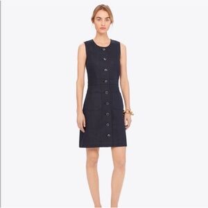 Tory Burch Linen Cotton Navy Sleeveless Button Up Down Dress